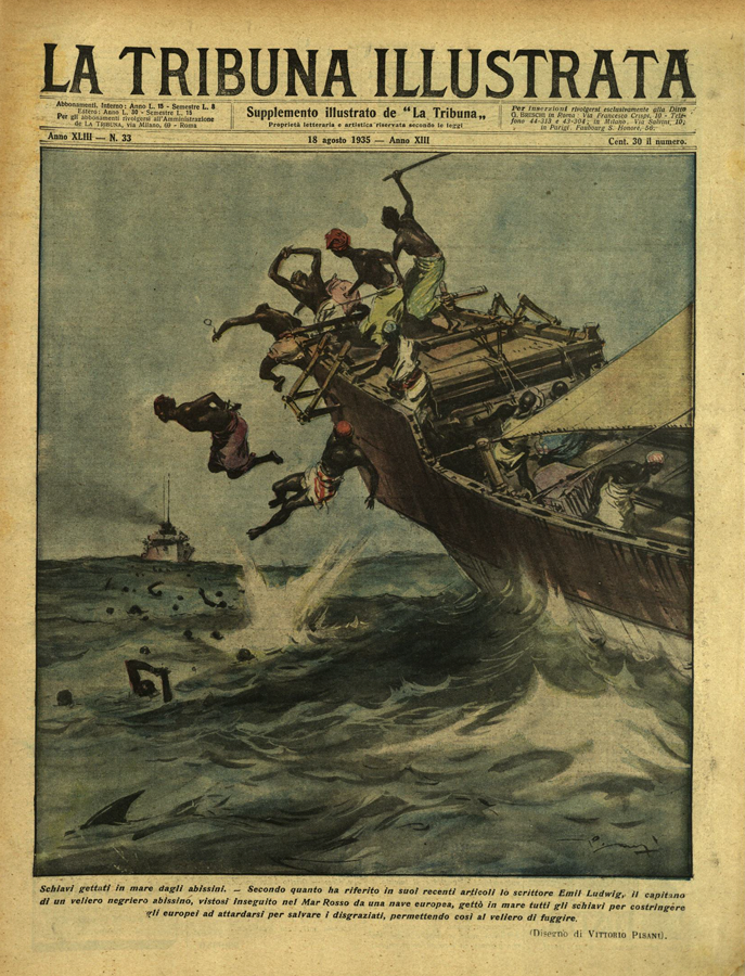 Bianco su nero, biblioteca PassaréVittorio Pisani, Schiavi gettati in mare degli abissini, "La Tribuna Illistrata", XLIII, 33, 18 agosto 1935, copertina.